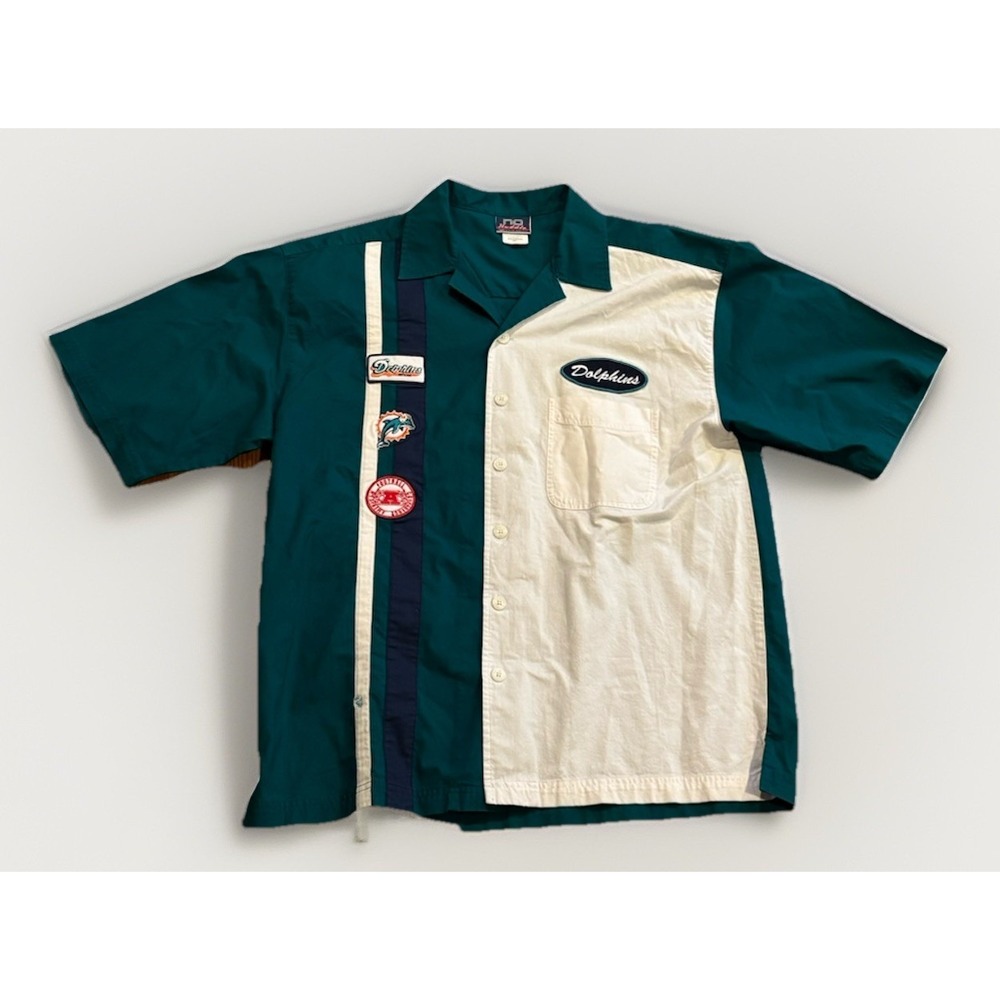 Vintage Miami Dolphins Mechanic Racing Shirt L F1 Button Down NFL 90s Y2K Rare
